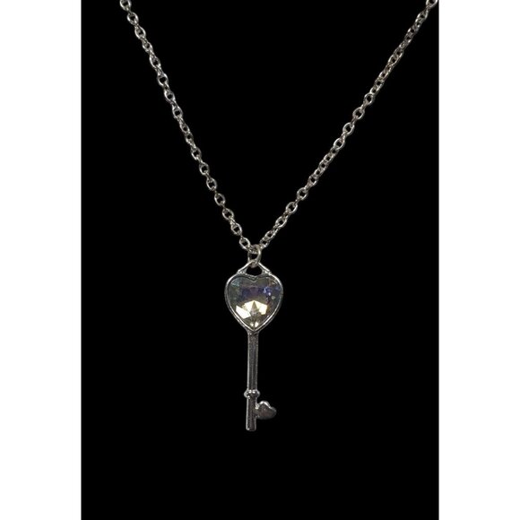 Fantasy Steampunk Heart Gemmed Key Silver Tone Pendant Necklace - Picture 1 of 6
